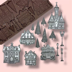 Christmas Village Silicone Mold – ReDesign with Prima – 3D Food Safe Mold for Chocolate, Fondant, Candy & Cake Decorating (5x10&quot;) – Winter