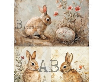 May include: A vintage-style print featuring watercolor illustrations of rabbits and Easter eggs. The artwork showcases a brown rabbit near an egg with floral patterns, and additional rabbits with flowers. The background has a faded, aged appearance.