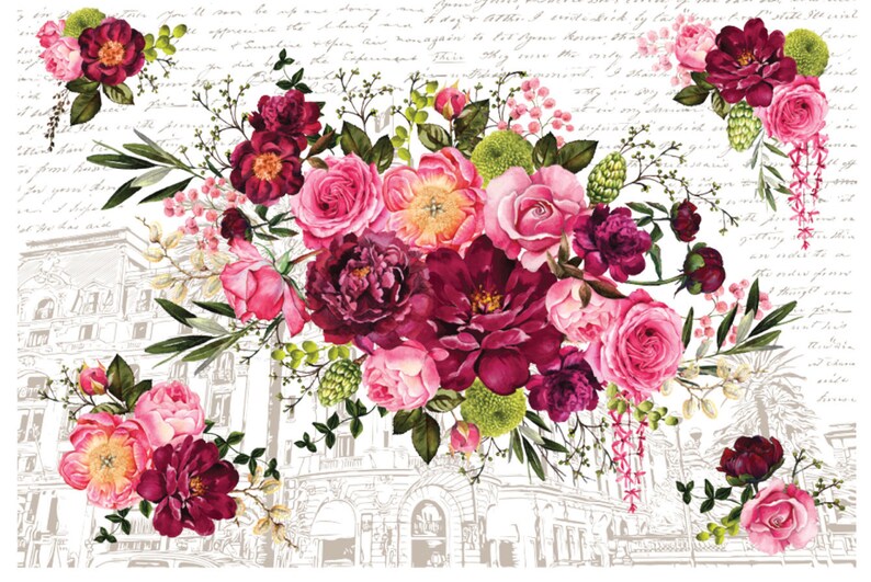 The Royal Burgundy transfer has different tones of pink florals with green leaves. In the background is words written in gray with a building.