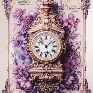 Papel para decoupage PURPLE CLOCK para manualidades // Tamaño: A4 Plus // LaBlanche // Vintage Time Floral Flowers // Papeles de arroz de edición limitada