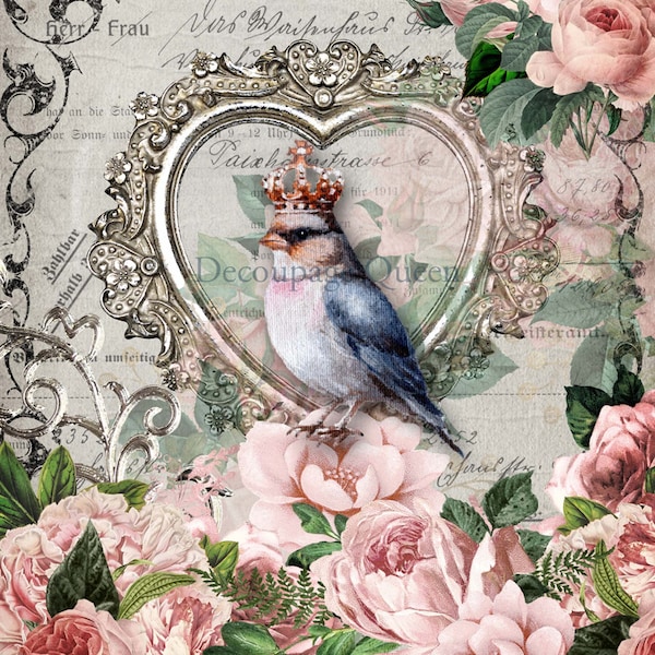 New! A4 Decoupage Paper for Crafting CROWNED LADY || Decoupage Queen || Rice Paper for Decoupage Shabby Chic Birds Floral