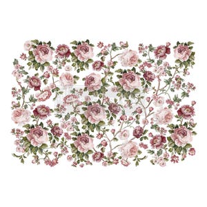 May include: A floral pattern with pink and white roses and green leaves on a white background.