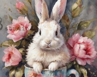 May include: Watercolor painting of a white rabbit sitting in a floral teacup, surrounded by pink peonies and green leaves. The rabbit has long ears and a fluffy white coat. The teacup is light blue with floral patterns.
