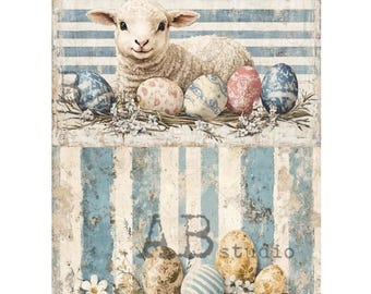 May include: A vintage-style Easter-themed image featuring a lamb lying near decorated eggs. The eggs are in various colors and patterns, set against a backdrop of blue and white striped paper. The image has a distressed, aged appearance.