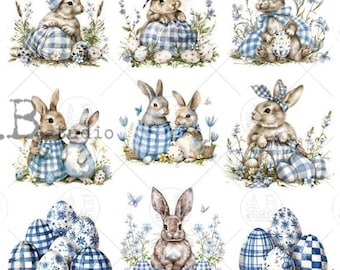 May include: Watercolor illustrations of Easter bunnies and eggs in a soft, pastel palette. The bunnies wear blue gingham dresses and bows, surrounded by floral accents and decorated eggs. A charming, seasonal theme.