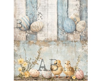 May include: Easter-themed artwork featuring painted eggs and two yellow chicks. The background has a rustic, weathered wood design with blue and white stripes. Floral accents and the text "B studio" and "A studio" are also visible.