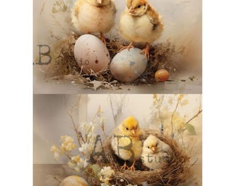 May include: Two sets of watercolor illustrations featuring baby chicks and eggs. The top image shows two chicks standing near two speckled eggs. The bottom image shows two chicks in a nest with flowers and an egg.