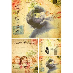 A4 Decoupage Paper for Crafting Four VINTAGE FRENCH POSTCARDS || Decoupage Queen || Decorative Printed Washi Rice Papers || Floral Girls