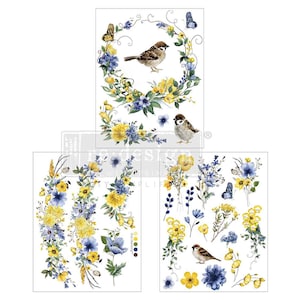 New! ReDesign Middy Decor Transfers SUNLIT AVIARY || ReDesign with Prima || Yellow Floral Birds Transfers || Middy Size: 8.5 x 11 (3 Pack)