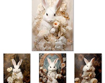 May include: A collection of four art prints featuring white rabbits. The rabbits are surrounded by flowers and foliage in a vintage style. The artwork has a soft, pastel color palette with a focus on cream, white, and gold tones.