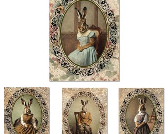 May include: Set of four vintage-style art prints featuring anthropomorphic rabbits in antique portraits. Each print showcases a rabbit figure dressed in period clothing, framed within ornate oval borders against a floral and lace background.