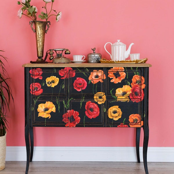 Rub On Transfer for Furniture POPPY GARDEN || ReDesign with Prima || Poppies Orange Red Decals