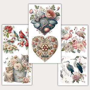 May include: A set of four digital printable images featuring floral designs, birds, and a heart-shaped design. The images are perfect for crafting projects, scrapbooking, or adding a touch of vintage charm to your home decor.