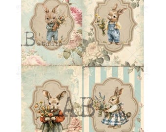 May include: Four vintage-style paper sheets featuring illustrations of bunnies holding flowers. Each bunny is dressed in different outfits, set against a backdrop of floral patterns and stripes. The overall color palette includes soft blues, pinks, and creams.