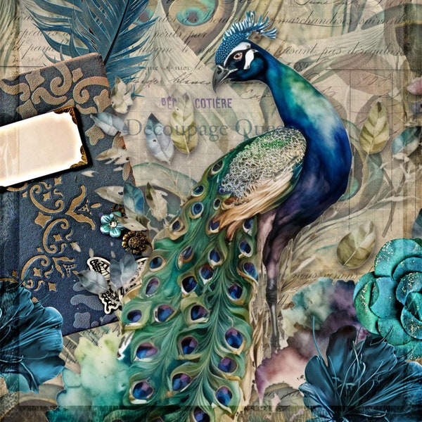 New! A3 Decoupage Paper for Furniture Peacock JEWELED PEACOCK || Decoupage Queen || Rice Paper for Decoupage Vintage Feathers Flowers Floral