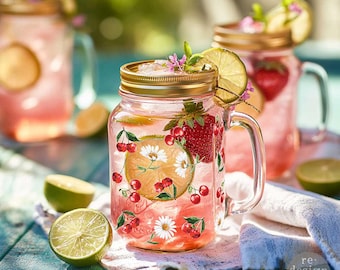 May include: Two glass mason jars filled with pink liquid, garnished with lime slices, strawberries, and flowers. The jars have gold lids and handles. One jar has a design of cherries and daisies. The jars sit on a blue surface.