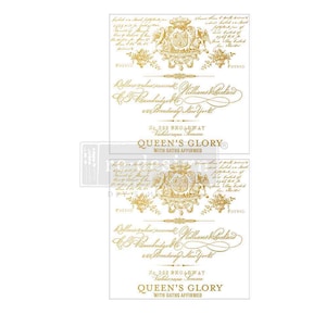 New! ReDesign Maxi Transfers QUEEN&#39;S GLORY || ReDesign with Prima Decals || Gold Script Furniture Transfers || Size: 12 x 12 Inches (2 Pack)
