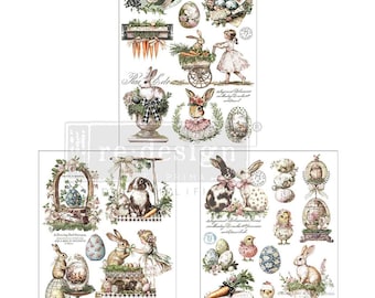 May include: Three sheets of Easter-themed decorative transfers featuring bunnies, eggs, carrots, and floral arrangements. The designs include vintage illustrations of children, baskets, and decorative elements in pastel colors.