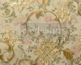 May include: Decorative floral design with a vintage aesthetic. The image features a repeating pattern of roses and ornate gold embellishments. The text "re.design" is visible in the center, along with the words "DIY SIMPLY". The color palette includes beige, pink, green, and gold.