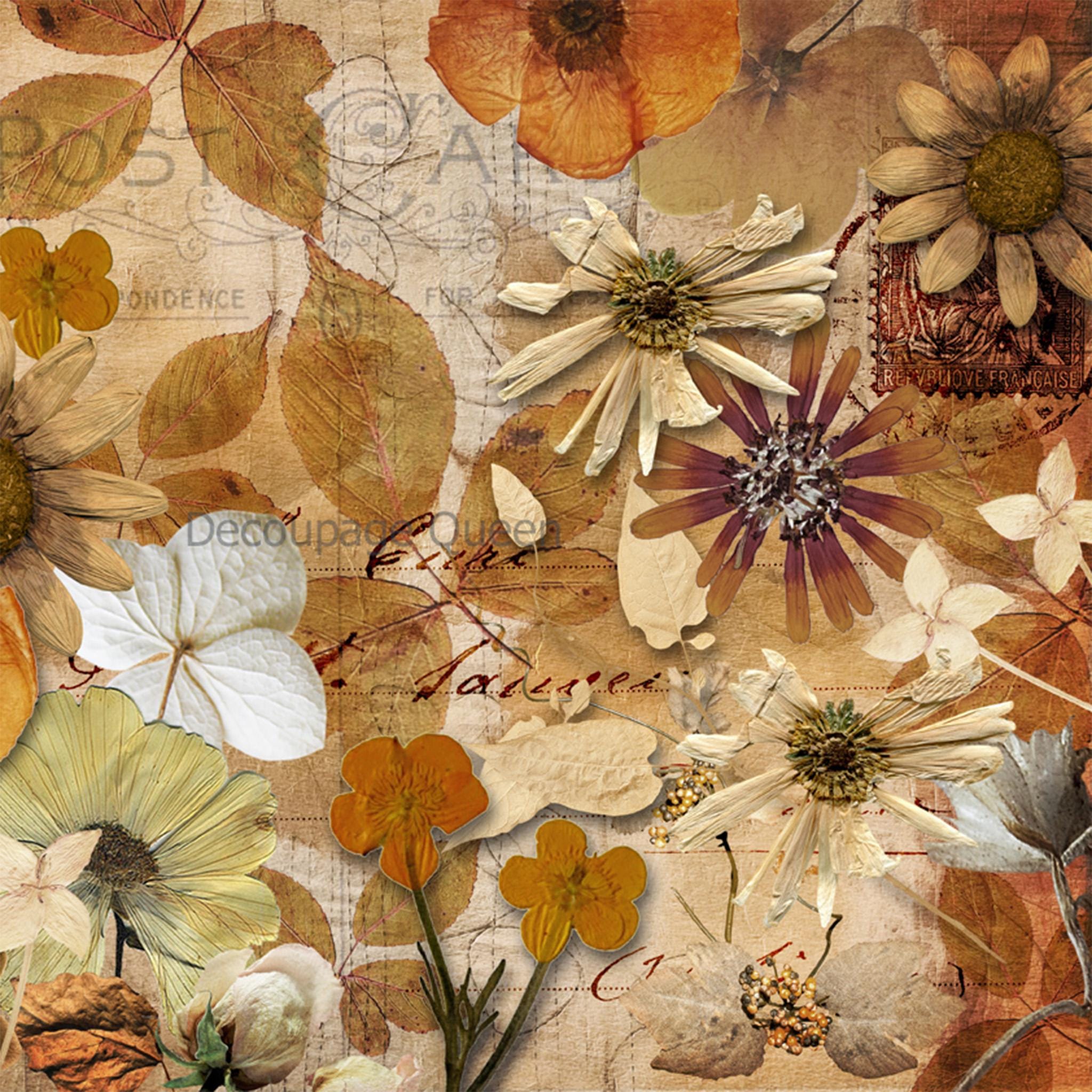 Decoupage Paper PRESSED AUTUMN FLOWERS for Furniture || Size: A2 || Decoupage Queen || Washi Rice Papers || Vintage Floral Fall