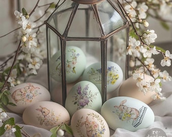 May include: Easter-themed decorative eggs with floral and bunny designs. Some eggs are inside a glass terrarium, while others are arranged around it. The eggs are pastel colors, with delicate floral and bunny illustrations. The image includes the text "#680947 hop into spring".