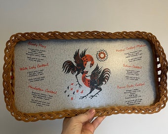 Woven wicker cocktail recipe tray red black vintage with cockerel design