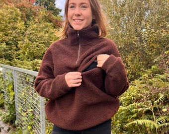 Breastfeeding 1/4 Zip High Neck Brown Fleece