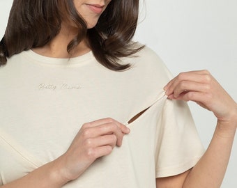 Breastfeeding nursing oversized T-shirt beige