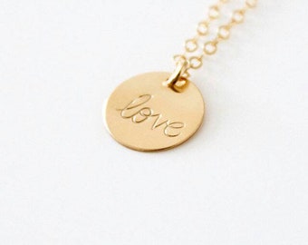 14k Gold Filled Love Dainty Necklace, Hand Stamped Necklace.