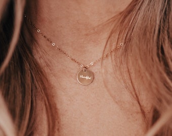 14k Gold Filled Thankful Dainty Necklace, Hand Stamped Necklace.