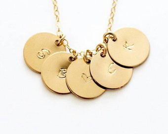 Personalized Initials Necklace, 5 14k Gold Filled Discs Dainty Necklace
