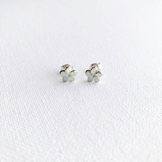 Lab-Created White Fire Opal Plumeria Flower Dangle Earrings - Silver Filled