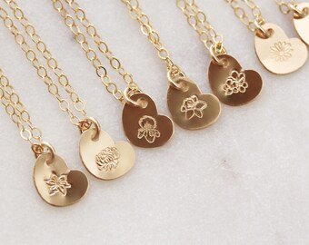 Mini Birth Flower Necklace, 14k Gold Filled Birth Flower Dainty Necklace, Hand Stamp Necklace