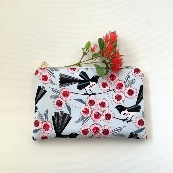 Willy Wagtail /Australian Bird Purse /Bath and Beauty/ Pouches and Coins / Cosmetic Purse/ Jocelyn Proust / Makeup bag/ Satin Lining