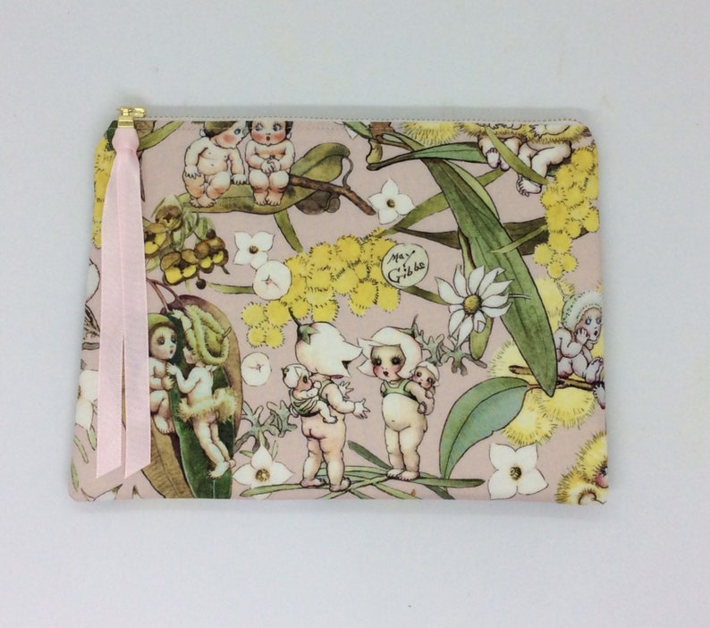 Snugglepot and Cuddlepie Print Gumnut Babies Zipper PouchBath and BeautyPouches and Coins Unique PursesMay Gibbs fabric