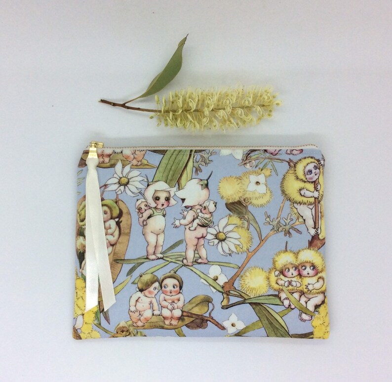 Snugglepot and Cuddlepie Print Gumnut Babies Zipper PouchBath and BeautyPouches and Coins Unique PursesMay Gibbs fabric