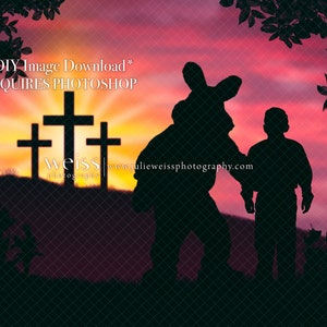 May include: Silhouette of a person and a rabbit-like figure standing in front of three crosses against a sunset sky. The sky is a vibrant mix of pink, orange, and yellow. The image is titled "DIY Image Download" and "REQUIRES PHOTOSHOP".