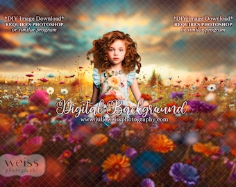 Fondo digital de campo de flores silvestres de primavera para Photoshop / Fotografía infantil y familiar