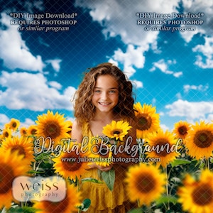 May include: A young girl in a yellow dress smiles while holding a bouquet of sunflowers in a field of sunflowers. The sky is blue with white clouds. The text "Digital Background" and "www.julieweissphotography.com" is at the bottom of the image.