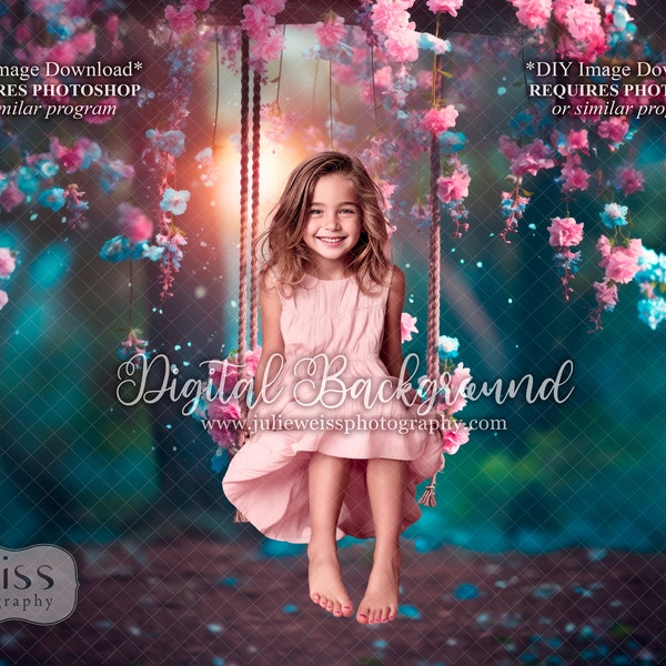 Pink and Blue Flower Wood Rope Swing Background Digital Backdrop