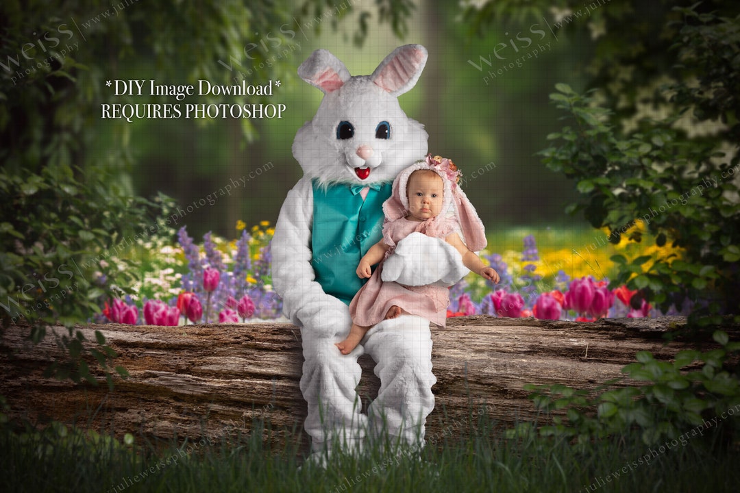 Mall Easter Bunny Costume Spring Flowers Tulips Log Seat Overlay