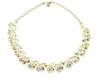 Vintage 1960s Aurora Borealis Gold Tone Metal Ribbon Design Necklace, 16"