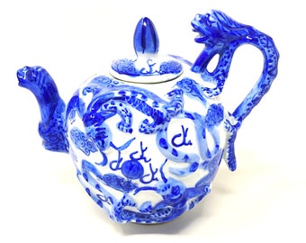 Vintage Chinese Dragon Blue and White Ceramic Teapot with Lid