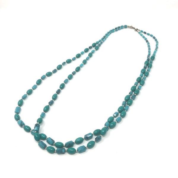 Vintage Extra Long Two Stand Blue and Green Lucite Necklace with Silver Spacer Beads, 38" Long