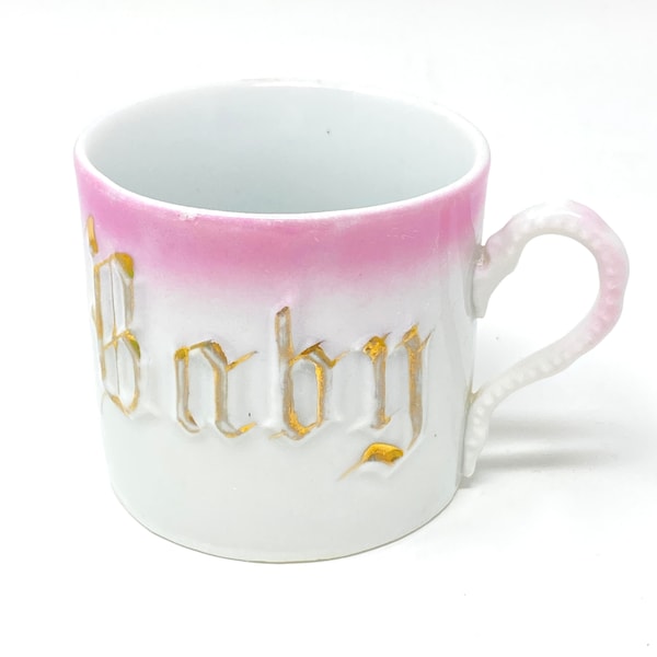 Antique Leuchtenburg Porcelain Baby Cup, White and Pink with Gold Letters, Made in Germany