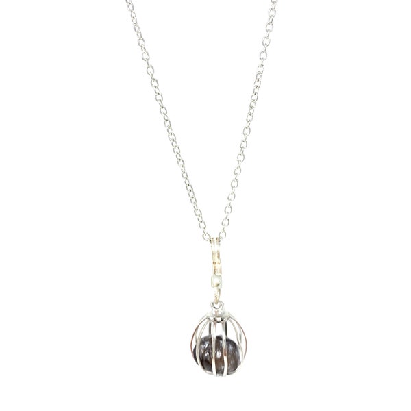 Black apache tear obsidian stone in round wire cage pendant necklace silver tone 18" chain