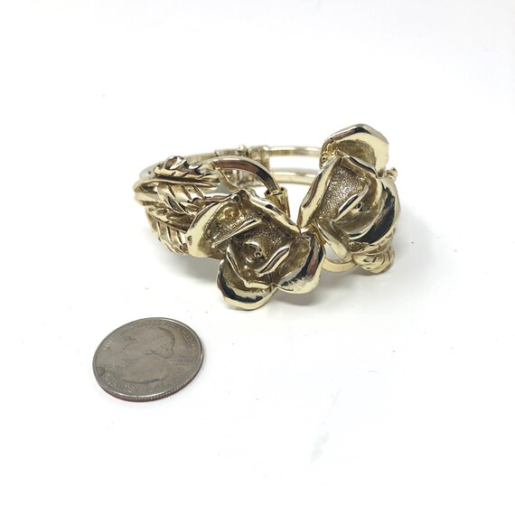 1950s gold tone hinged rose cuff bracelet - image 2