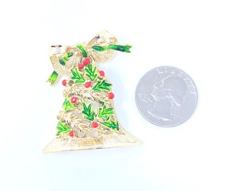 Vintage Gerry’s holly berry Christmas bell brooch, hangs from bow, gold green and red