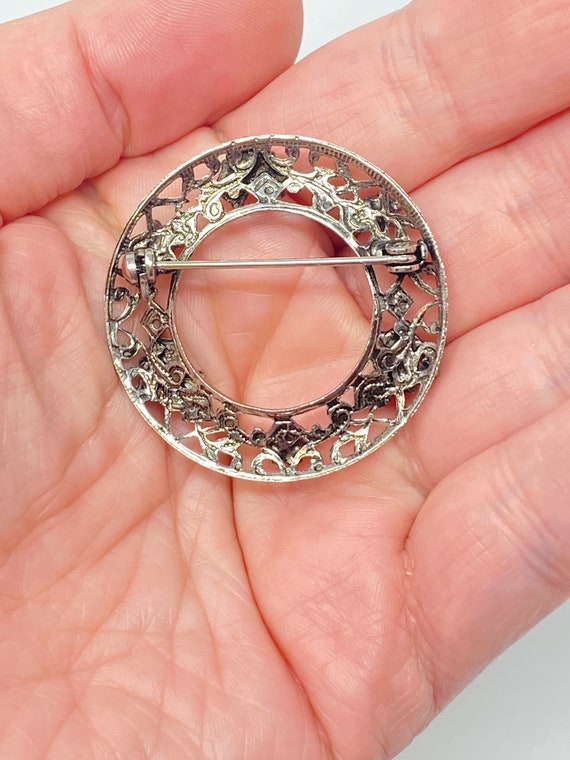 Vintage filigree silver tone metal circular brooc… - image 5