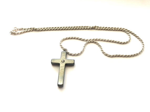 Vintage Large Black Hematite Cross Pendant With Rhinestone On - Black Hematite Cross Pendant Vintage Large Black Hematite Cross Pendant With Rhinestone On - Black Hematite Cross Pendant